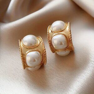 Gold and White Faux Pearl Clip-On Earrings